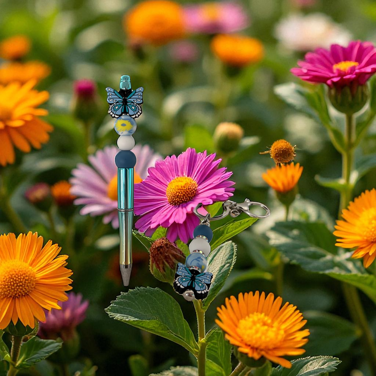 Schlüsselanhänger & Kugelschreiber Bundle - Schmetterling Blau