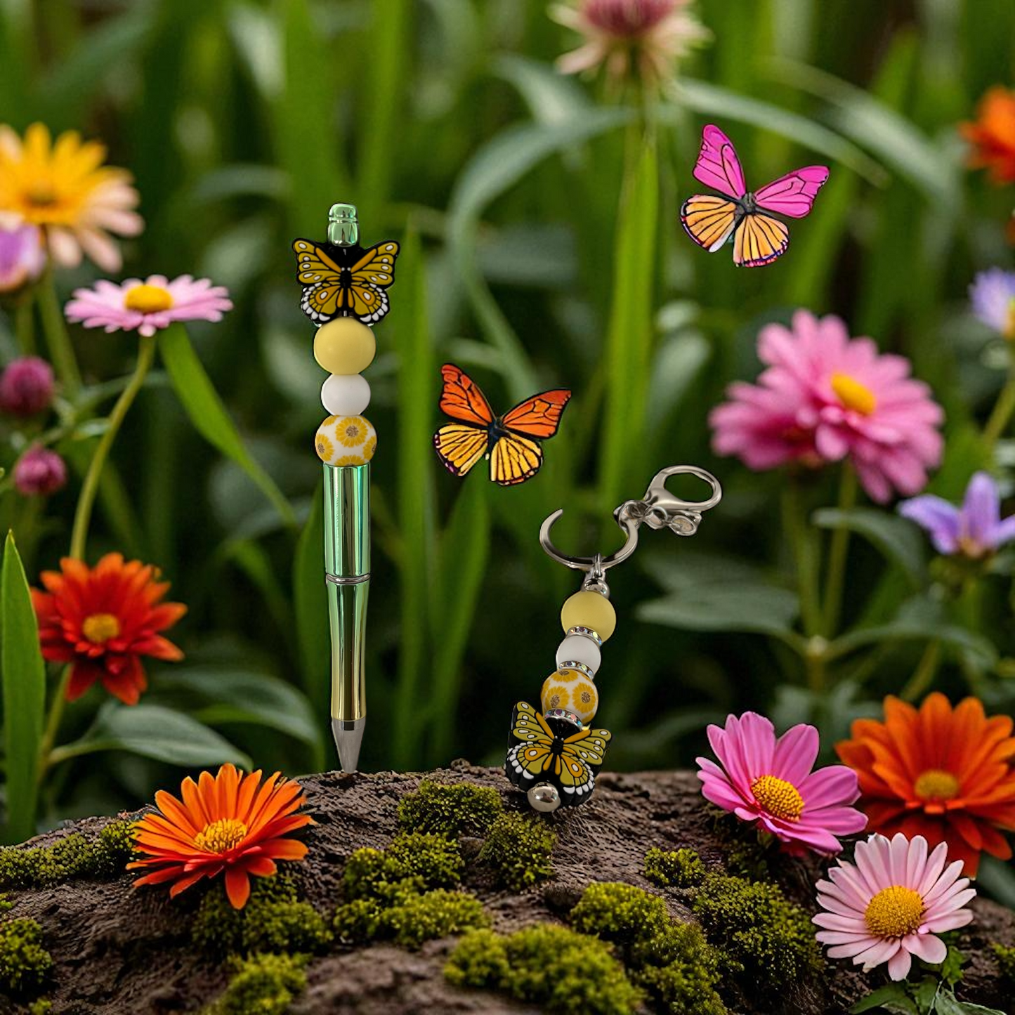 Schlüsselanhänger & Kugelschreiber Bundle - Schmetterling Gelb